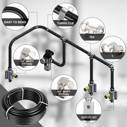 Hromee Compressed Air Piping System with 3/4 inch x 100 feet HDPE Tubing and Aluminum Outlet Blocks for Garage Connect Air Compressor Hose Accessories 37 Pieces