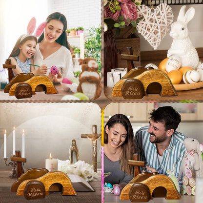 JNYVE Easter Scene Wooden Decorations - Empty Tomb Resurrection Scene and Cross Decor - Jesus Christian Religious Tomb Signs Tiered Tray Decoration for the Home Table Office