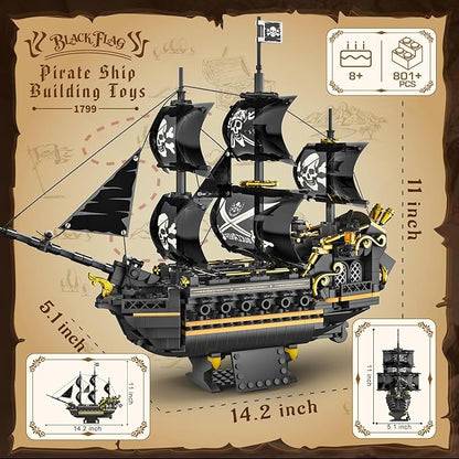 Pirate Ship Building Set for Adults &amp Kids 8-12 Black Pearl Inspired Ship Model Kit with 3-Mast Sails Collectible Pirate Boat for Display Home Office Decor Birthday Easter Gift (801 PCS)