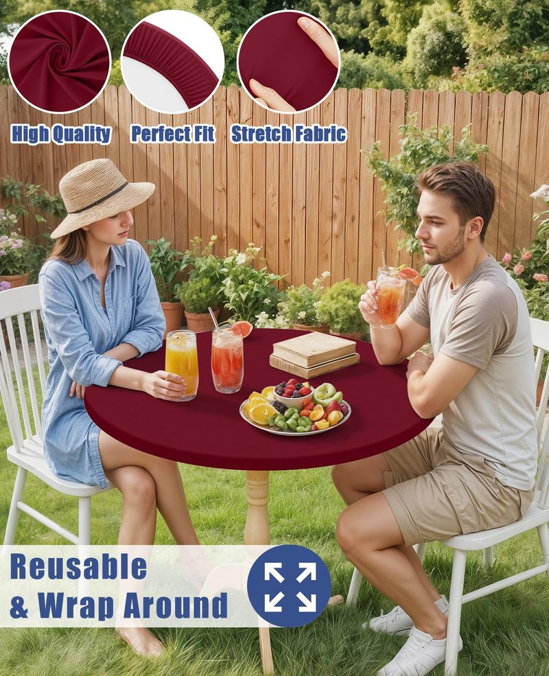 Moosfor Round Spandex Tablecloth, Elastic Fitted Waterproof Tablecloths for 36"-44" Tables, Stretch Washable Picnic Table Cover for Camping, Dining, Indoor and Outdoor, Wine Red