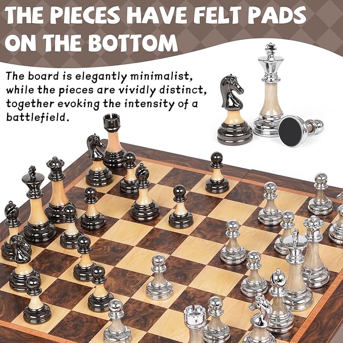 Luxury Large Chess Set 17 Inch Wooden Chess Board with Metal and Acrylic Chess Pieces 3.5 King 2 Extra Queens Foldable Tournament Chess Set for Adults and Kids Gift Display Chess Game Collection