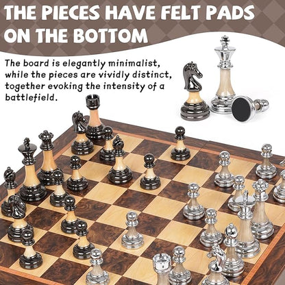 Luxury Large Chess Set 17 Inch Wooden Chess Board with Metal and Acrylic Chess Pieces 3.5 King 2 Extra Queens Foldable Tournament Chess Set for Adults and Kids Gift Display Chess Game Collection
