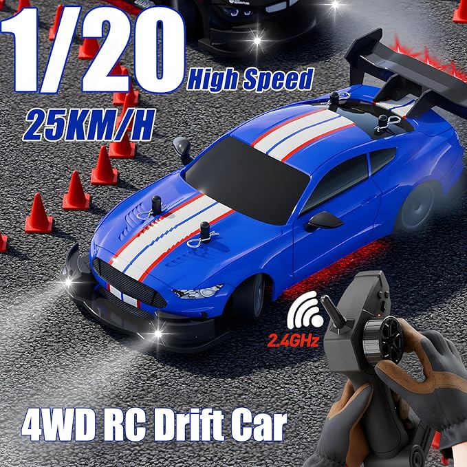 1:20 RC Drift Car for Kids4WD 2.4GHz 30KM/H High Speed Remote Control Car Racing Sport Toy Car with LED LightsDrifting Tires＆2 Batteries (Blue)