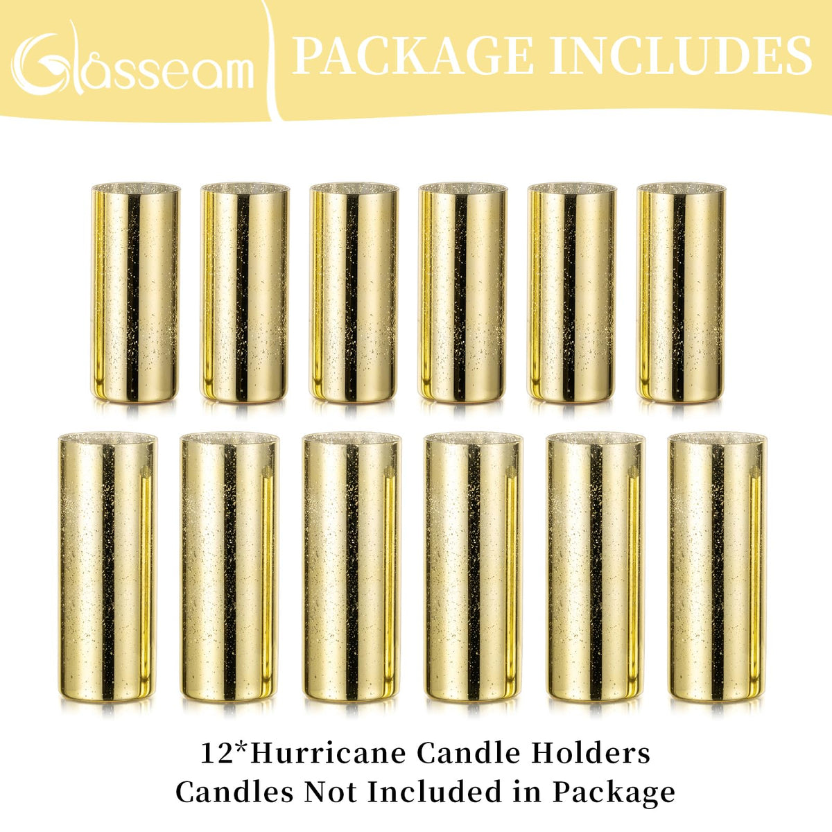 Glasseam Glass Cylinder Gold Candle Holder, Set of 12 Hurricane Candle Holders for Pillar Candles, Modern Mercury Floating Candle Holders for Table Centerpiece Wedding Living Room Home Decor