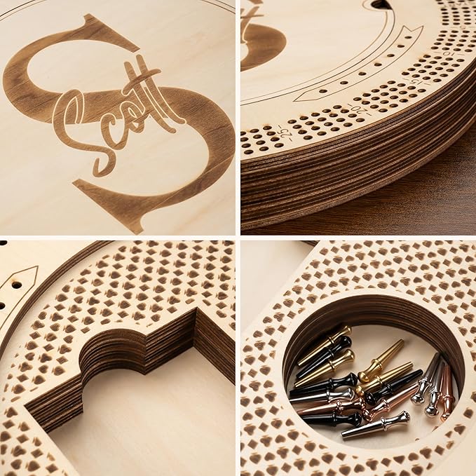 Personalized Wooden Cribbage Board Set Custom Engraved 4 Tracks Design with Name Includes 16 Metal Pegs and Deck of Cards Birthday Gift for Cribbage Lovers (Round)