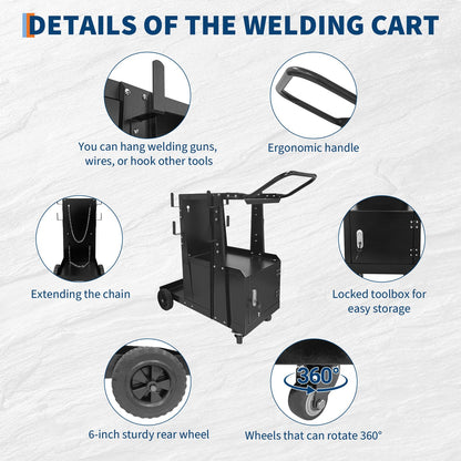 Welding Cart with Large Cabinet,Heavy Duty Rolling Welder Carts with 360 Swivel Wheels and Hooks for MIG MMA TIG Welding Machine and Plasma Cutter Tank