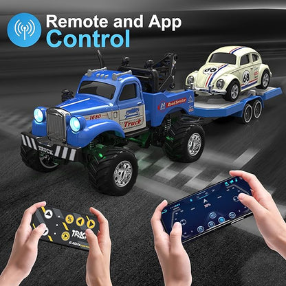 MOONTOY 1:64 Scale Mini Alloy Truck RC Car with LED Lights 2.4Ghz Remote and App Control Toy Car 3-Speed Adjustment Pocket Toy Car for Kids 4-8 Years and Adults (Blue)