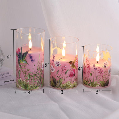 Eywamage Pink Hummingbird Floral Glass Flameless Candles with Remote, Flickering Battery LED Pillar Candles Set of 3, Spring Home Decor