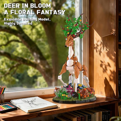 Elk Building Set with Flowers for Adults Compatible with Lego Animal Deer Botanical Collection Model for Home Office Art Decor -1220PCS