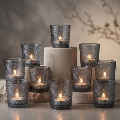 12 Pack Hummingbird Embossed Glass Candle Holders – Votive Tealight Holders with Patent Design, Decorative Embossed Glass Cups for Wedding Centerpieces, Parties, and Home Décor (Smoky Quartz)