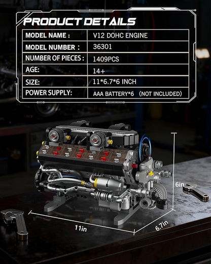V12 Engine Building Set for Adults and Teens 14+ 1409 PCS Motorized Mechanical Engineering Model Kit That Runs MOC Engine Toy with Battery Box and Motor Compatible with Lego STEM Gift for Men