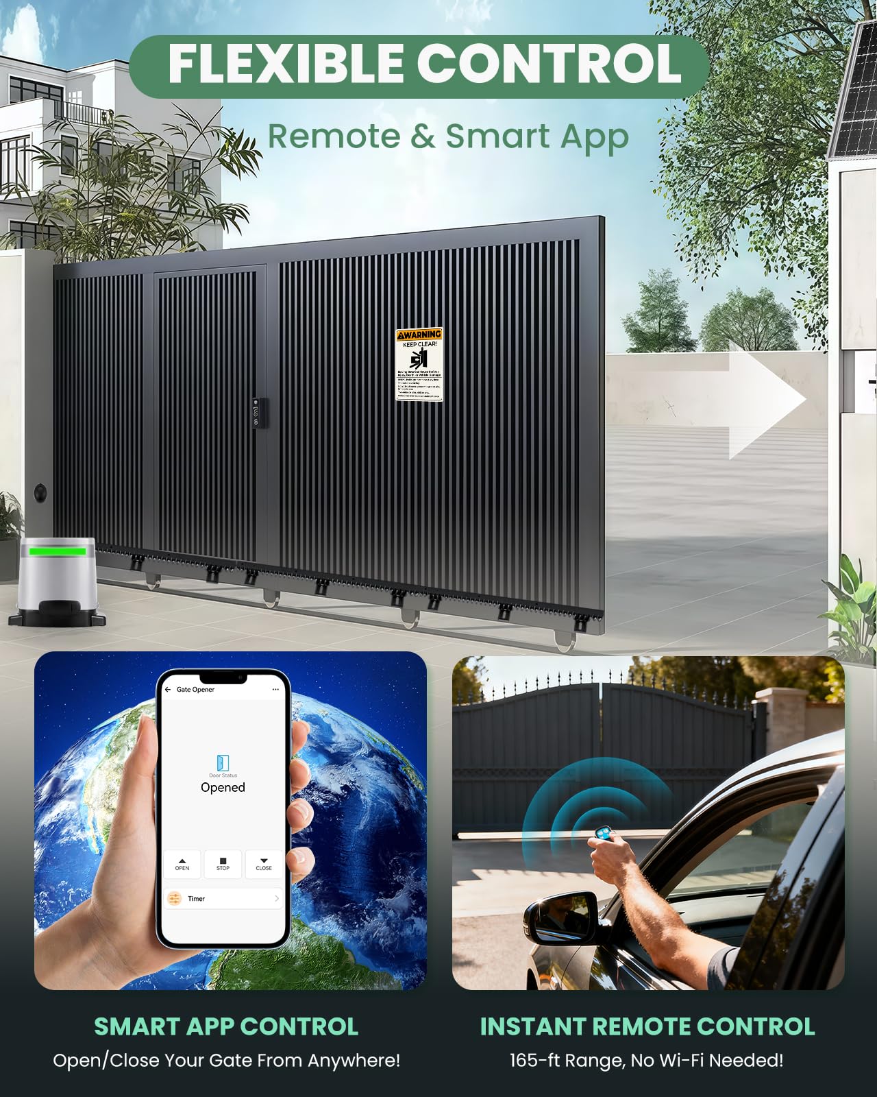 Spolehli 1300lbs Solar Sliding Gate Opener with Nylon Gear Rack Drive, Automatic Gate Motor Kit for 40ft Gates, WiFi App & Remote Control, Built-in Backup Battery & Infrared Safety Sensor
