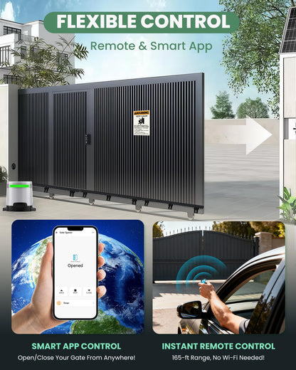 Spolehli 1300lbs Solar Sliding Gate Opener with Nylon Gear Rack Drive, Automatic Gate Motor Kit for 40ft Gates, WiFi App & Remote Control, Built-in Backup Battery & Infrared Safety Sensor