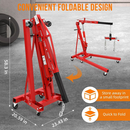 2-Ton Folding Hydraulic Engine Hoist - 4400 lb Heavy Duty Shop Crane with Adjustable Telescoping Boom, Load Leveler & 6 Swivel Caster Wheels, Red, for Garage and Automotive Use
