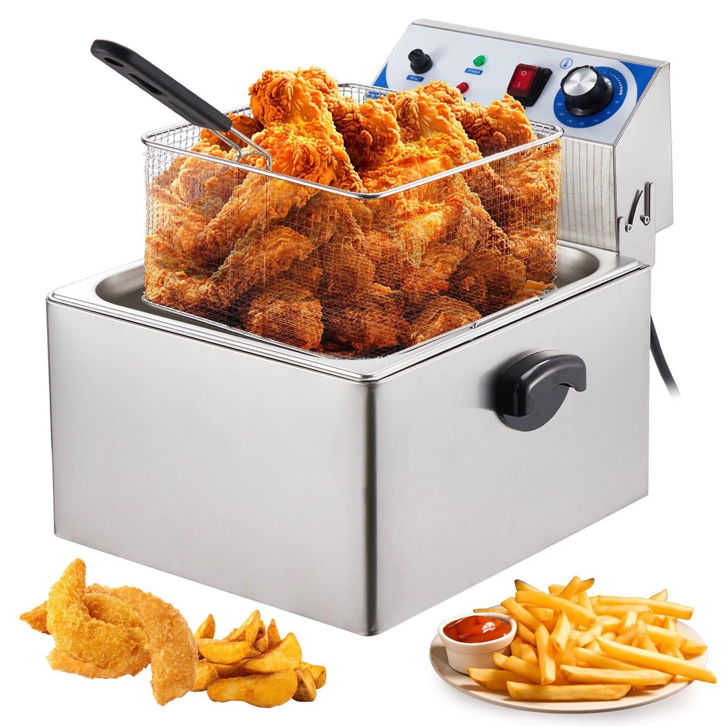 PULLAFUN Commercial Deep Fryer Countertop Stainless Steel 11L Electric Deep Fryer with Temperature Control Single Large Tank French Fries Restaurant Home Kitchen