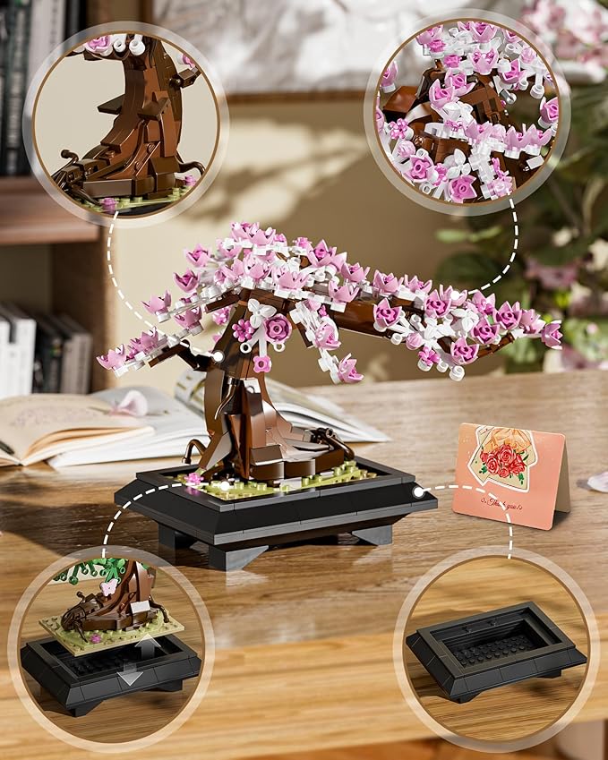 4 in 1 Bonsai Tree Building Set Four Season Cherry Bonsai Tree Building Kit Artificial Plant Decor for Home Desk Greenery Mother's Day Present Xmas Gifts for Adults Girls&ampBoys (529pcs)