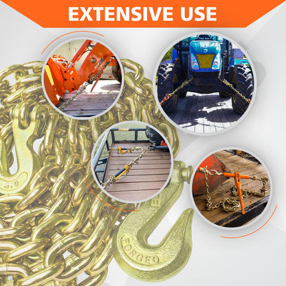 YATOINTO G80 Transport Binder Chain 3/8 Inch x 25 Foot Safety/Binder Chain with Clevis Grab Hooks 7,100 lbs Safe Working Load Logging Chain for Transporting Towing Tie Down Binding Equipment