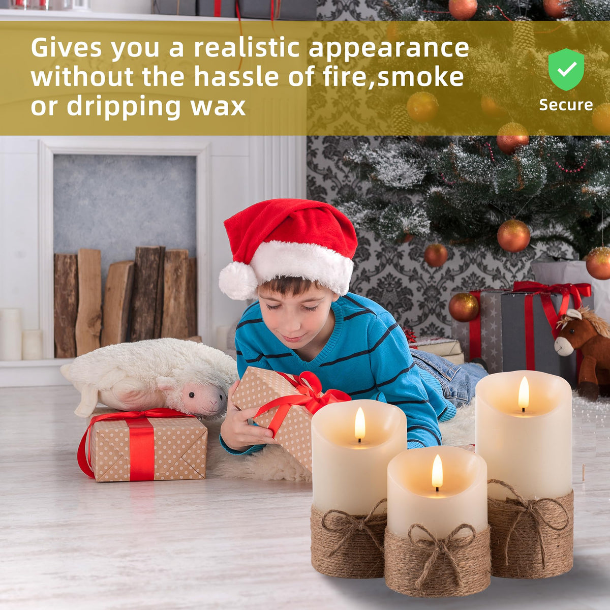 AKU TONPA Flameless Candles Battery Operated Pillar Real Wax Electric LED Candle Gift Set with Remote Control and Timer, 4" 5" 6" Pack of 3, Ivory Wax with Hemp Rope