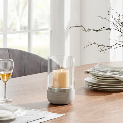 Danya B. Modern Cool Gray Cement Base and Glass Pillar Hurricane Candle Holder (Small)