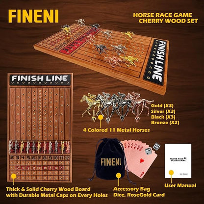 Horse Racing Game for Adults Horse Race Board Game with 11 Luxurious Metal Horses (Gold Silver Black Rose Gold) 22” Cherry Wood Horse Race Game Board Dice &amp RoseGoldCard Included (Cherry)