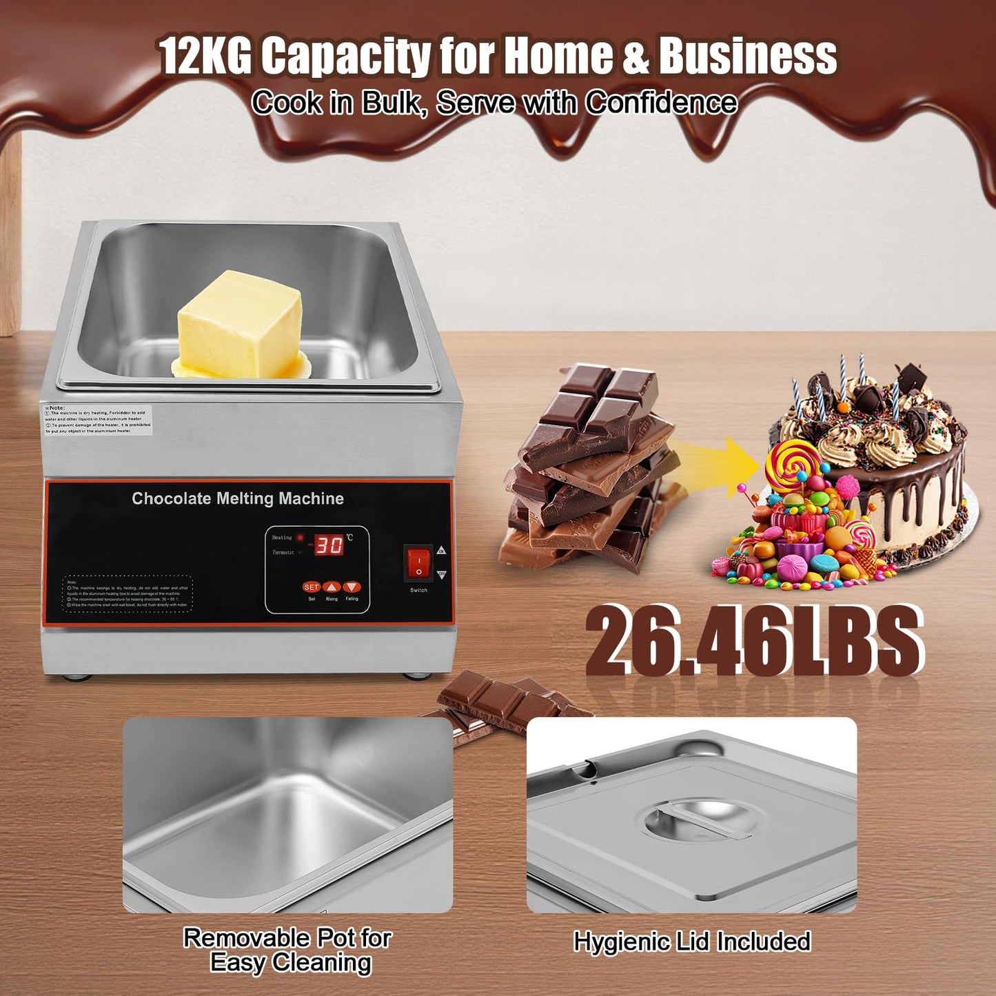 Headery Chocolate Tempering Machine, 26.46 lbs Commercial Chocolate Melting Pot, 500W 32-203°F Stainless Steel Food Warmer with Lid for Chocolate/Milk/Cream Melting and Heating (One Pots)