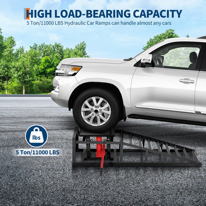 2 Pcs Hydraulic Car Ramps, 5 Ton (11,065 LBS) Heavy Duty Steel Car Lift Ramps with Hydraulic Jack for Oil Changes & Truck Repair, 9.4"-13.34" High Lift, Home Garage Vehicle Ramps