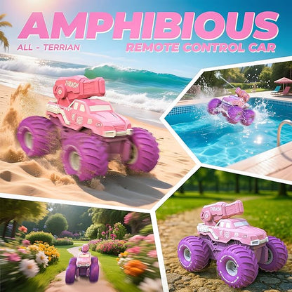 BEZGAR Amphibious Remote Control Car for Girls - Pink Monster Truck Toys 1:16 RC Boats 2.4GHz Waterproof Tank with Shooting Water Pistol 4WD All-terrian Off-Road Pickup Outdoor Girls Kids Gifts