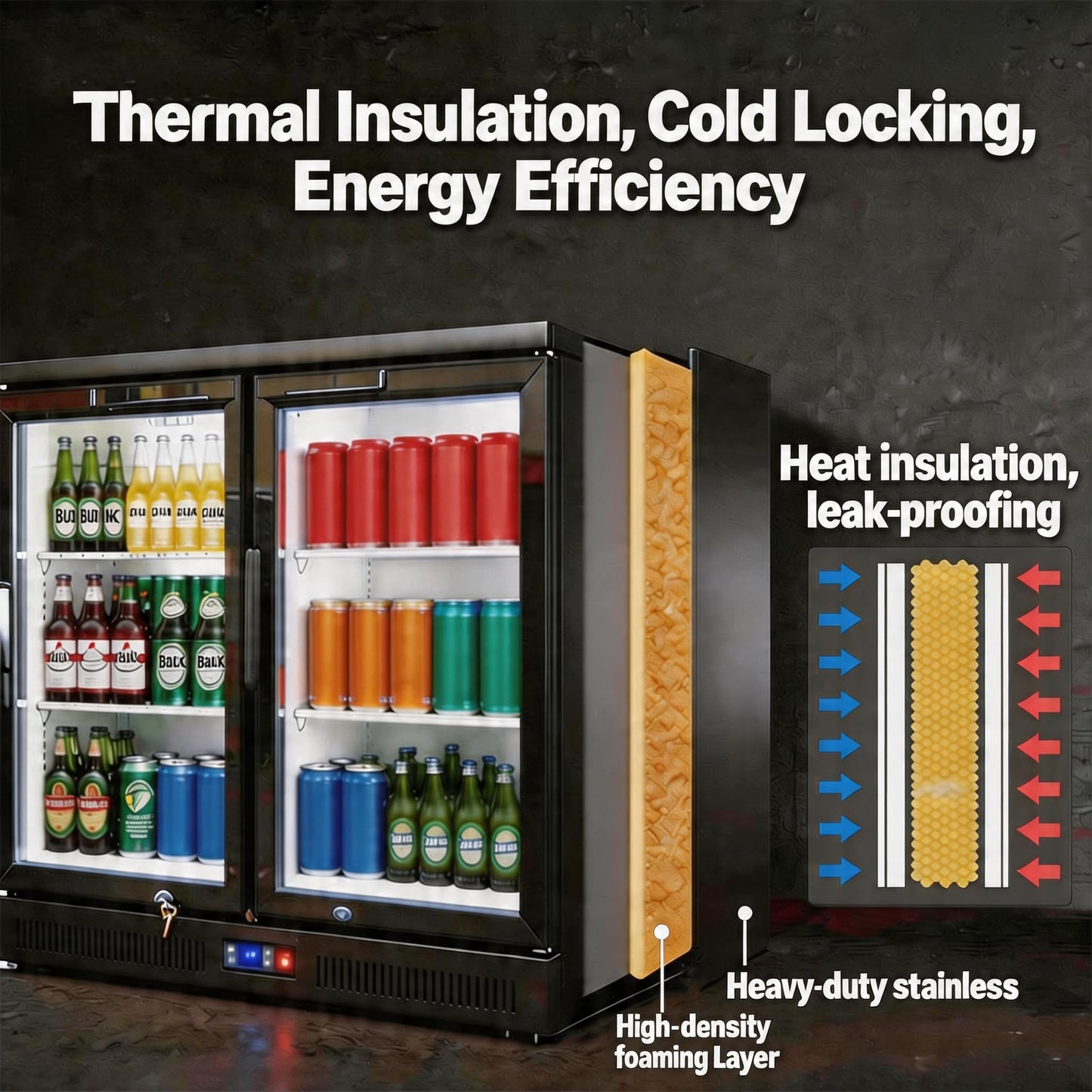 Back Bar Cooler Under Counter Beverage Refrigerator, 12.8 Cu Ft Undercounter Fridge,3 Door 5 inch Commercial Beer Built-In Cooler with LED Light Adjustable Shelves Safety Locks,ETL Approval