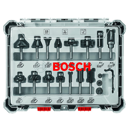 BOSCH 1617EVSPK Wood 12 Amp Router Tool Combo Kit - 2.25 Horsepower Plunge Router & Fixed Base with a Variable Speed&BOSCH 15 pc. Carbide-Tipped Wood Router Bit Set