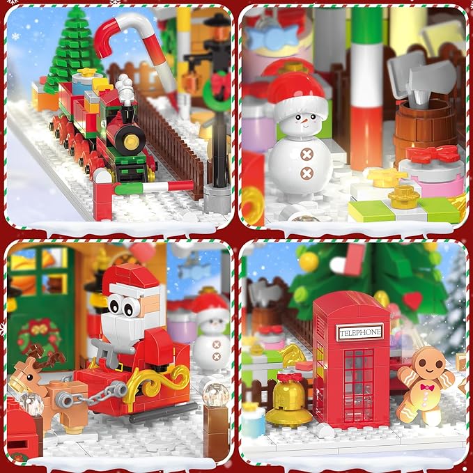 2025 Christmas Gingerbread House Courtyard Mini Building Set with Lights Christmas Village Building Block Toy with Santa Xmas Tree Holiday Train Gift for Adults Boys Girls 14+ (1763PCS)