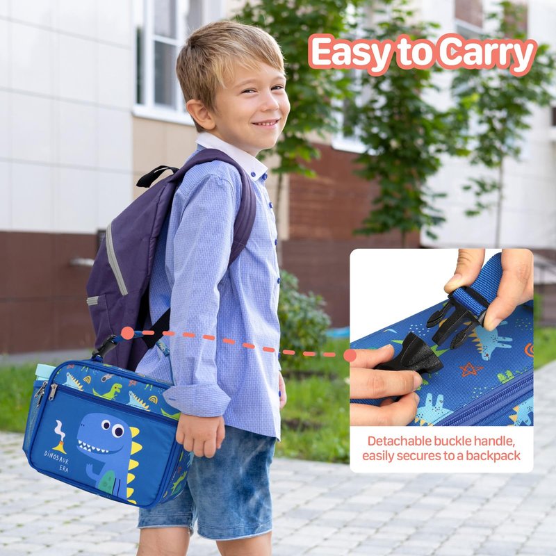 BrainyBees Insulated Kids Lunch Bag - Reusable Boys Lunch Box with Water Bottle Holder Toddler Lunch Tote Bag for Daycare and School, Easy to Clean, Blue Cute Dinosaur