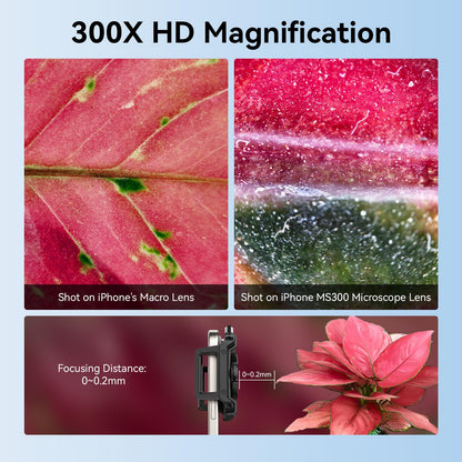 APEXEL 300X Phone Microscope Lens, Phone Camera Micro Lens with Universal Clip/LED Light/CPL, Mini Pocket Microscope, Phone Lens Attachment Fit for iPhone 17/16/15/14/13, Samsung, and Most Smartphone