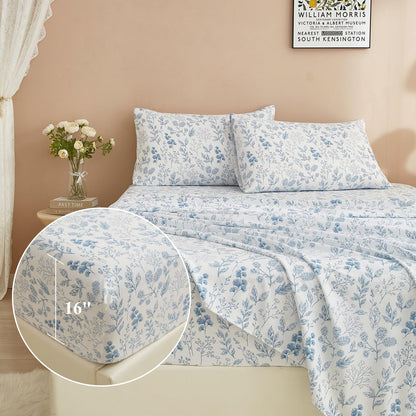HighBuy 3 Piece Bed Sheets Set Twin XL Sheets White - Extra Soft Blue Floral Sheet Deep Pocket 16" - Luxury Soft Twin XL Sheet & Pillowcase Set - Twin XL Size Bed Cooling