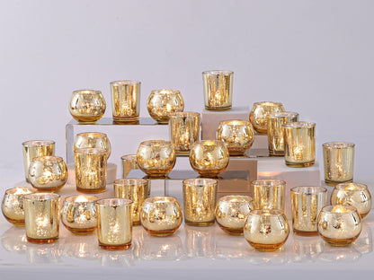 DEVI 48PCS Assorted Gold Votive Candle Holders Bluk, Gold Wedding Decorations, Mercury Glass Candle Holder for Tea Lights, Christmas Party Diwali Centerpieces for Table, Wedding Party Supplies