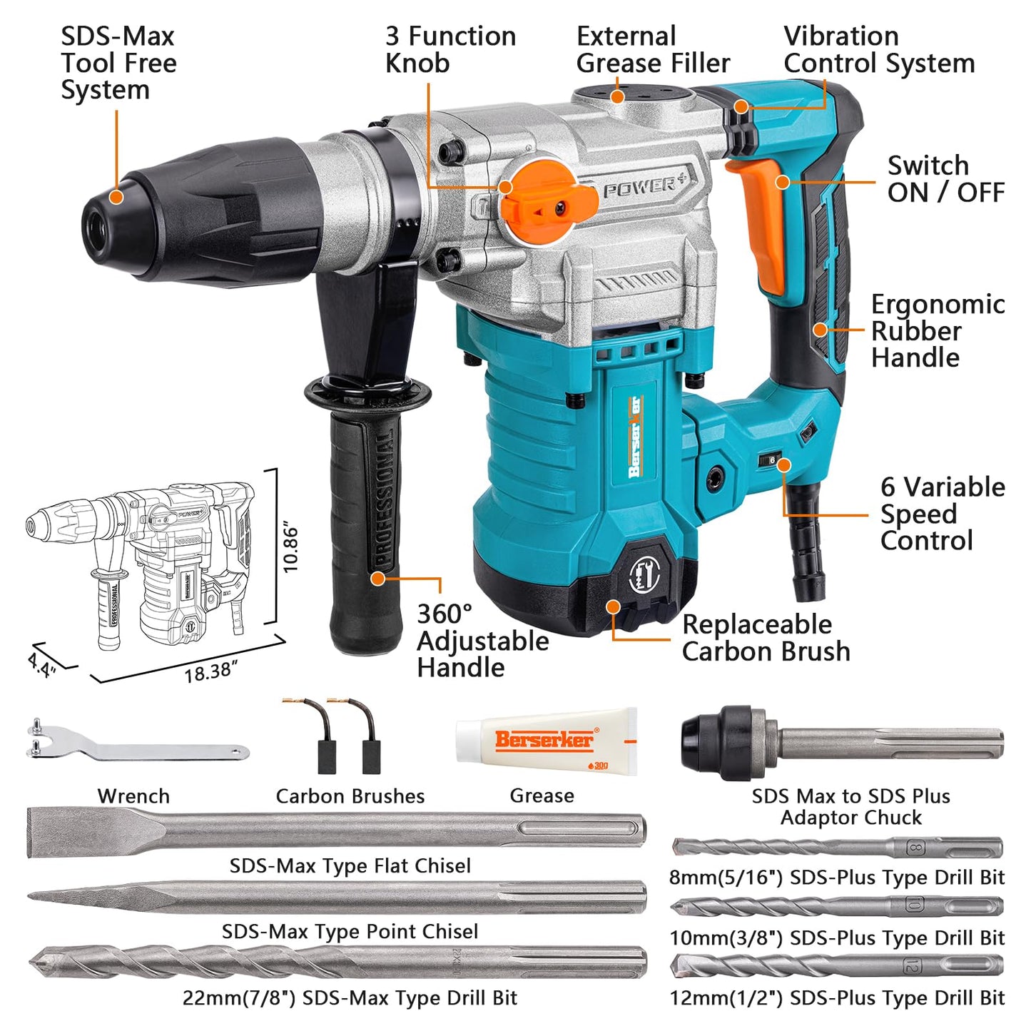 Berserker 1-9/16" SDS-Max Heavy Duty Rotary Hammer Drill with 3 pc. SDS Max Chisel Set with Point Chisel, Flat Chisel & Scaling Chisel, Masonry Concrete Tile Removal Bits