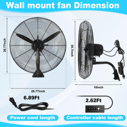 Aurelema 1 Set 27 Inch Industrial Wall Mount Fan Oscillating Heavy Duty Metal 3 Speed Fan, 7500 CFM, with High Velocity Cooling, for Commercial Residential Garage Warehouse Workshops Factory