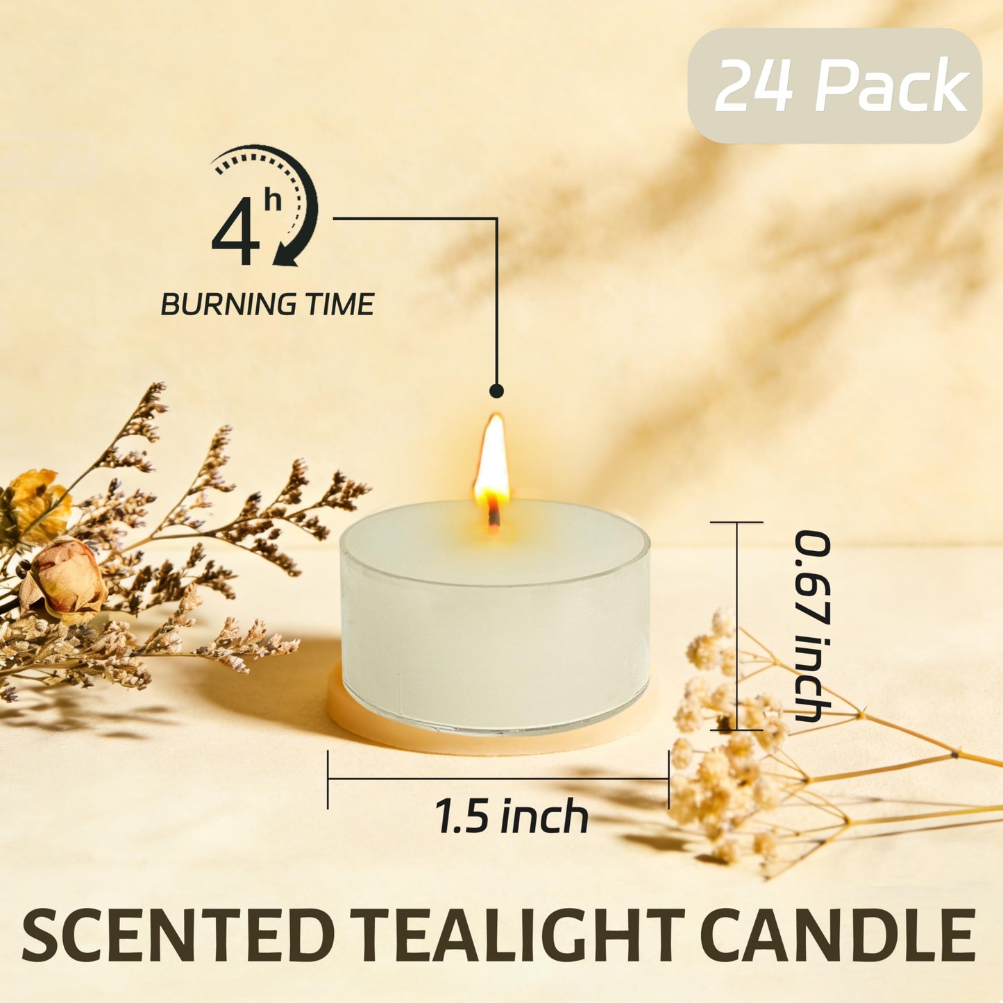 Fig Scented Tea Light Candles 24 Pack Beige Hand Poured Smokeless 4 Hours Clean Burning Small Round Clear Cups Tealight Candles for Romantic Dinners Wedding Centerpieces Cozy Evenings