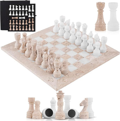 Marble Chess Set 15 Inch Handmade Travertine &amp White Luxury Board Games for Adults Elegant Table top Board Game Travel Chess Pieces &amp Storage Box for Gifts &amp Home Decor