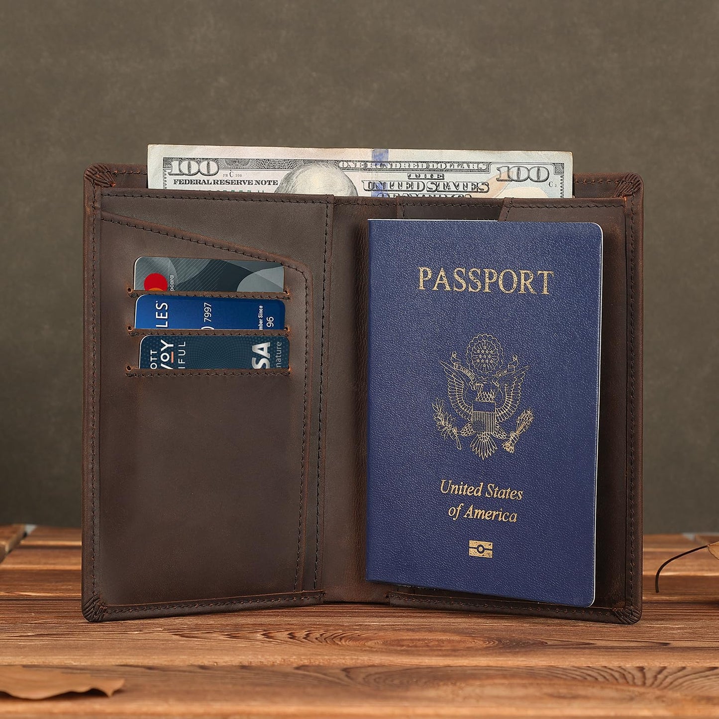 Polare Functional RFID Blocking Leather Passport Holder Travel Bifold Wallet For Men (Dark Brown with AirTag Slot)