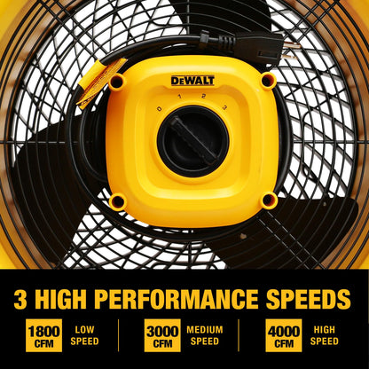 DEWALT 16 Inch Floor Fan, 360° Adjustable Tilting Airflow Fan, 3-Speed 4000 CFM Max, Hook Hangable, Wall Mount for Garage, Basement, Gym, Heavy Duty Barrel Shop Fan DXF1616