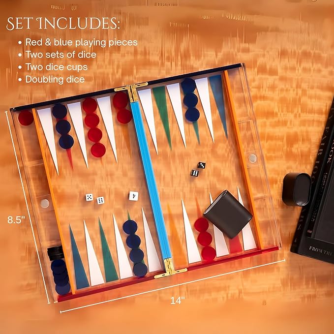 Bey-Berk Emmy Clear Acrylic Backgammon Set – 14 Board Game with Magnetic Closure Travel Storage Case