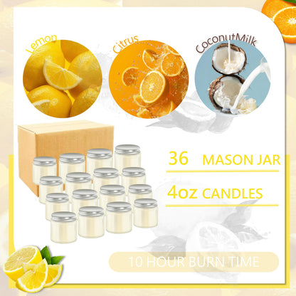 ACITHGL 36 Pcs 4oz Mini Mason Jar Candles Small Scented Candles Bulk Aromatherapy Ideal Souvenir Favors for Wedding Birthday Party (Lemon, Citrus, Coconut Milk, Silver)