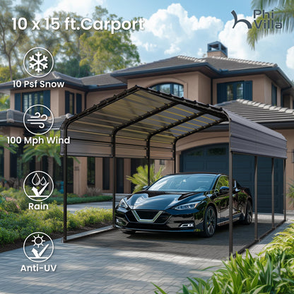 PHI VILLA 10x15 ft Carport, Metal Carports Canopy with Sidewalls Heavy Duty Car Port Portable Garage with Galvanized Steel Roof Multi-Use Shelter, Sturdy Car Ports for Cars, Boats and Tractors