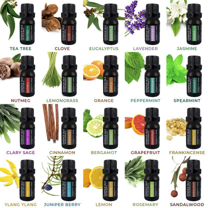 Aromatherapy Essential Oil Diffuser Gift Set with 20 Oils and Rotating Display Stand - 400ml Ultrasonic Diffuser with 20 Essential Plant Oils - 4 Timer & 7 Ambient Light Settings