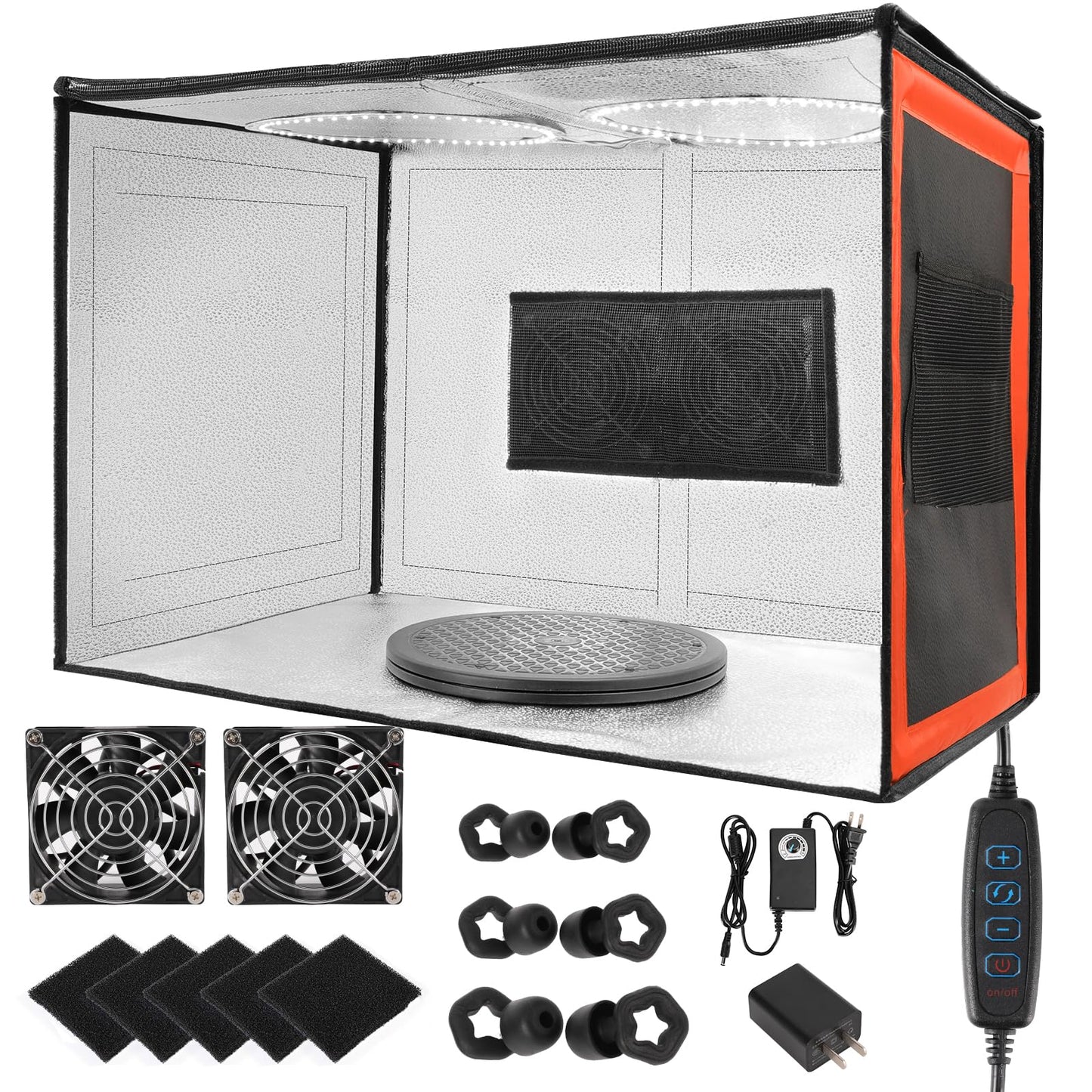 24x16x16"Airbrush Booth,Paint Tent with Dual Exhaust Fans&LED Lights,Airbrush kit with 3 Size Anti-Noise Earplugs,5Fliters&360°Turntable-Paint Booth for Spray Painting,Craft Model Making-Orange