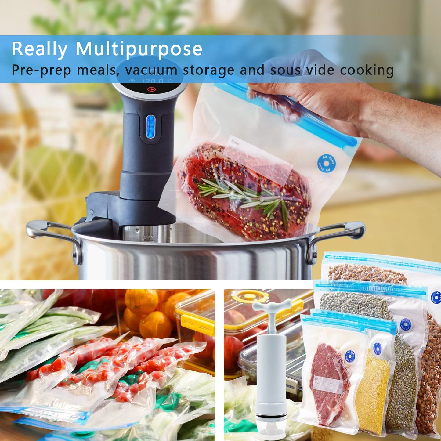 MOMODA Sous Vide Cooking Bags - Set of 40 | BPA-Free Reusable Vacuum Seal Bags with Air Valve for Joule and Anova Cookers | Freezer Safe Vacuum Food Storage Bags with Upgraded Hand Pump Included
