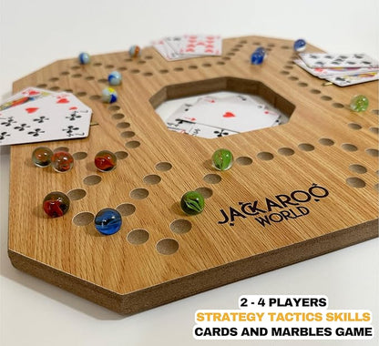 Jackaroo Board Game 2-4 Player Marble Strategy Game Solid Wooden Game with 16 Glass Marbles and 52 Cards Marbles and Jokers Board Game Marble Chase Game Foldable Board with Carry Bag (Oak)