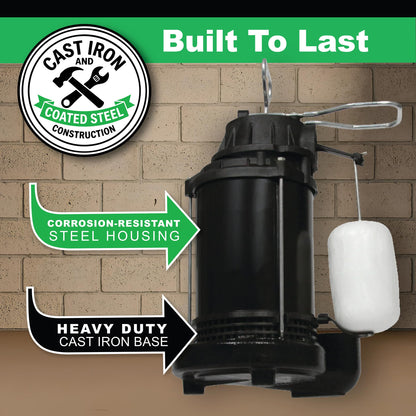 WAYNE CDU800 1/2 HP Submersible Sump Pump – Cast Iron & Stainless Steel, Vertical Float Switch, 5,100 GPH, 3-Year Warranty