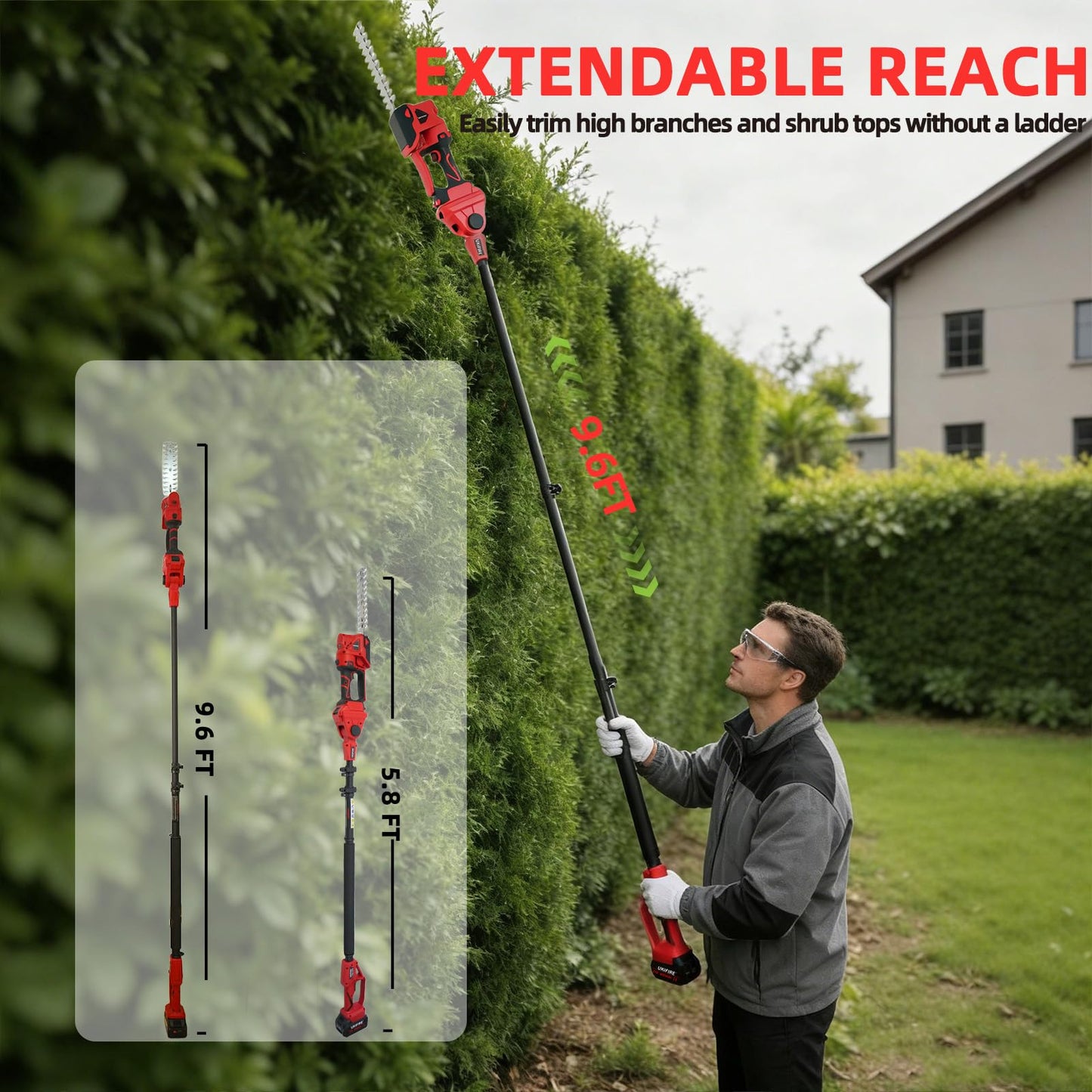 4-in-1 Electric Pole Hedge Trimmer, Cordless Bush Trimmer & Grass Shear with Extension Pole, 4.0Ah Battery & LCD Display, 180° Adjustable Angle, 16 Ft Reach, Powerful Branches Cutter for Tree