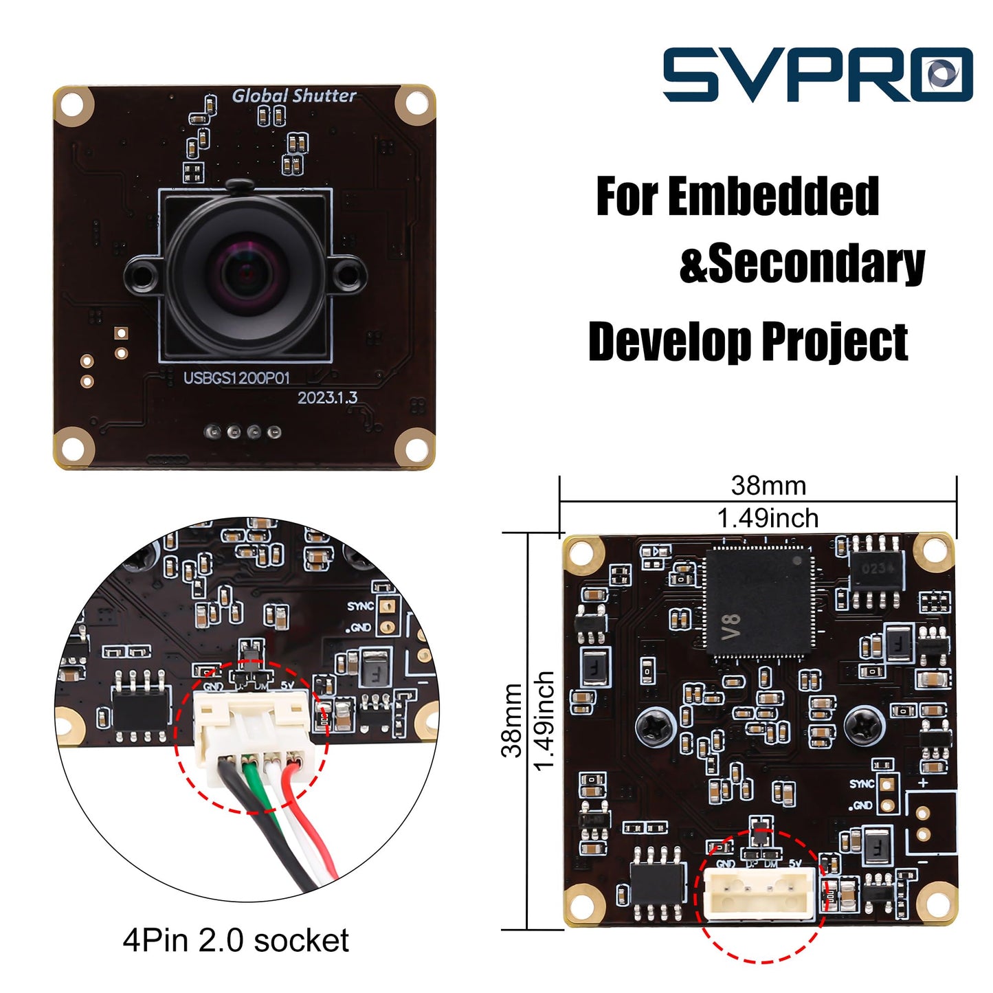 SVPRO Global Shutter USB Camera Module 90fps High Speed Webcam Board 1920x1200 2MP AR0234 UVC Webcam Module with Distortion Free M12 Lens for Computer,Slow Motion Board Camera for Golf Swing